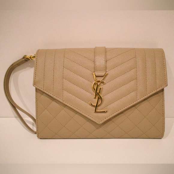 Yves Saint Laurent Handbags - Saint Laurent (YSL) Envelope Flap Clutch Bag in Dark Beige